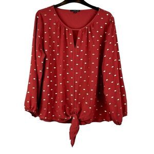 West Kei Coral Gold Keyhole Tie Waist Long Sleeve Blouse Medium